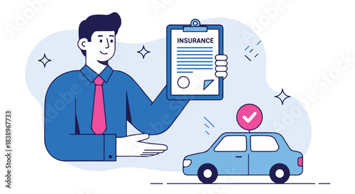 Man holding car insurance policy document next to a blue car with a checkmark, illustrating secure coverage isolated on transparent background