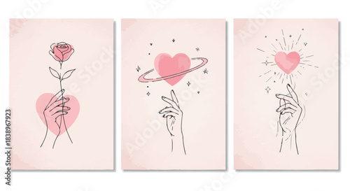 Set of three minimalist line art illustrations featuring hands holding a rose, a heart with a ring, and a heart with sparkles, on a soft pink background isolated on transparent background