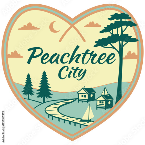 Peachtree City Georgia Lakeside View – Heart Shape Sunset Illustration