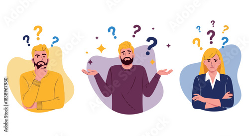 Three people looking confused with question marks above their heads, representing uncertainty and doubt isolated on transparent background
