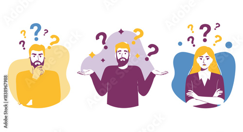Three people with question marks above their heads, illustrating confusion and uncertainty, isolated on transparent background
