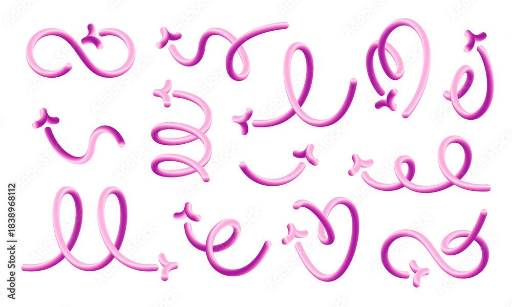 Obraz premium Set of voluminous pink arrows on a transparent background. Liquid curves and swirl arrows, rotating up, down, and right, in the shape of a heart.