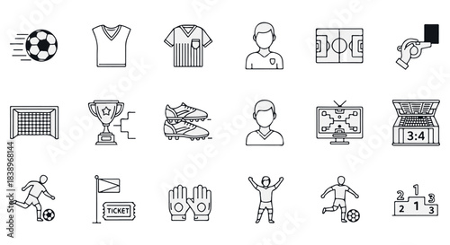 Collection of soccer sport icons and symbols isolated on transparent background