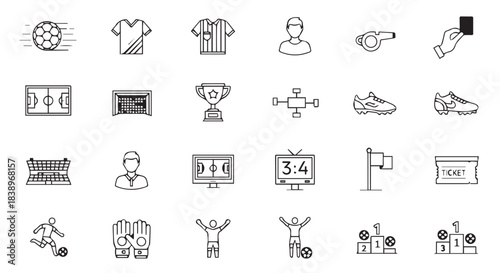 Collection of soccer icons and symbols, isolated on transparent background