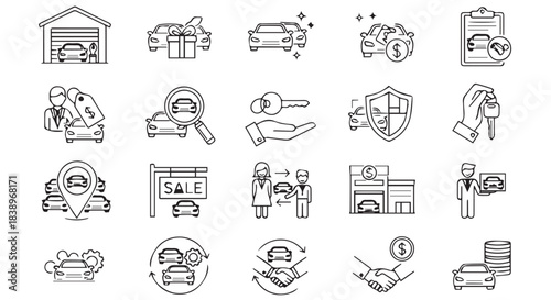 Car dealership and auto sales icons, isolated on transparent background
