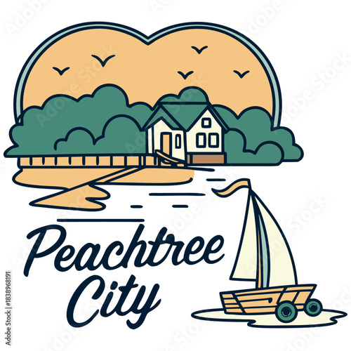 Peachtree City Georgia Lake House – Sailboat Scene Illustration