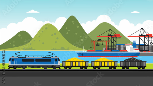 A vibrant illustration of an industrial port with a freight train, cargo ship, and cranes, set against a backdrop of green mountains and a cloudy sky.