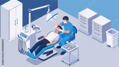 Isometric illustration of a dentist examining a patient in a modern dental clinic.