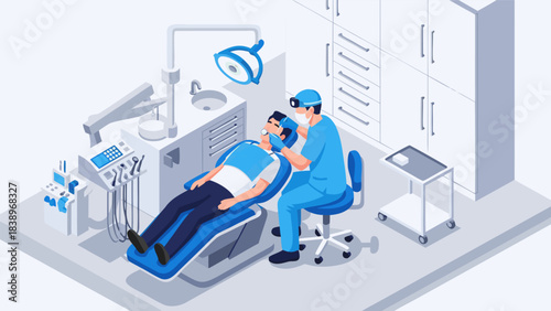 Isometric illustration of a dentist examining a patient in a modern dental office with equipment.