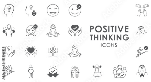 Positive thinking icons isolated on transparent background, representing mental wellbeing, mindfulness, and personal growth concepts