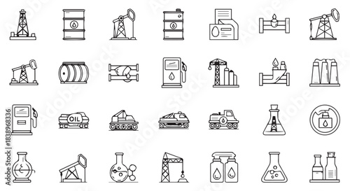 Collection of oil and gas industry icons, isolated on transparent background