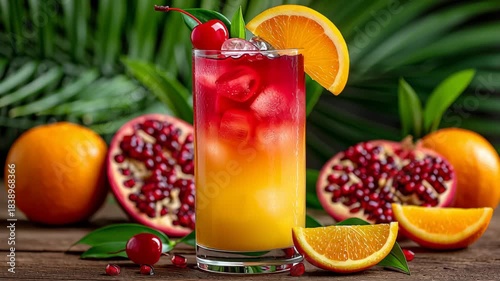 A vibrant cocktail with layers of orange and red, garnished with a cherry and orange slice. Surrounded by fresh pomegranate and orange slices on a wooden table.