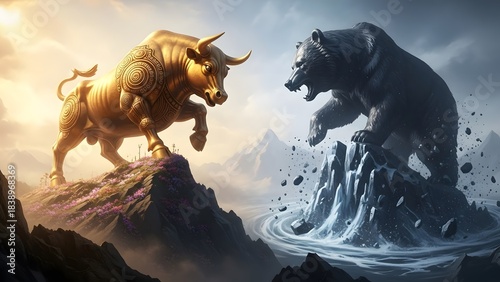 A golden bull and a dark bear confront each other on opposing mountain peaks, symbolizing market forces and financial trends.
