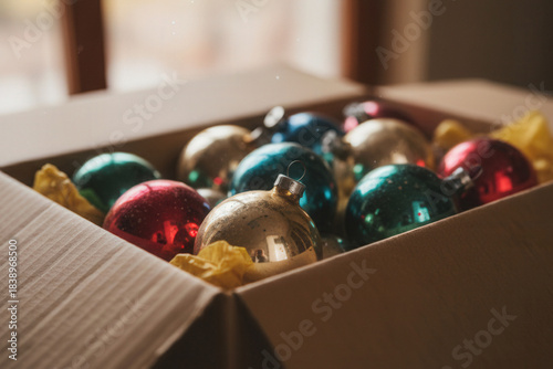 A box of old Christmas tree decorations. The decorations have cracks and scuffs.