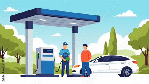 A gas station attendant refueling a white car for a customer under a blue sky with green trees.