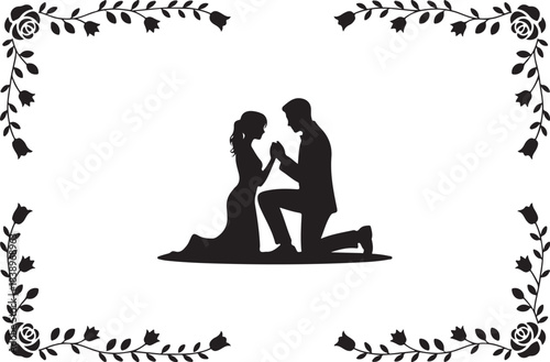 Black silhouette of man proposing to woman with floral border