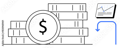 Stacked coins with a dollar sign, chart with upward trend, and curved blue arrow. Ideal for finance, investment, savings, strategy, data analysis revenue growth decision-making. Simple flat