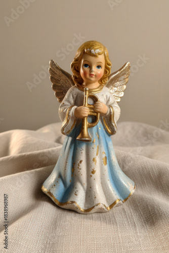 Vintage christmas figurine of a little angel with a trumpet
