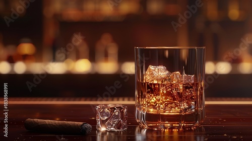 Luxurious bar scene featuring amber whiskey, cigar, and intimate atmosphere for adult gathering