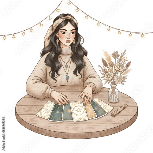 woman with interesting facial features reading cards next to a small, decorated dried-flower arrangement