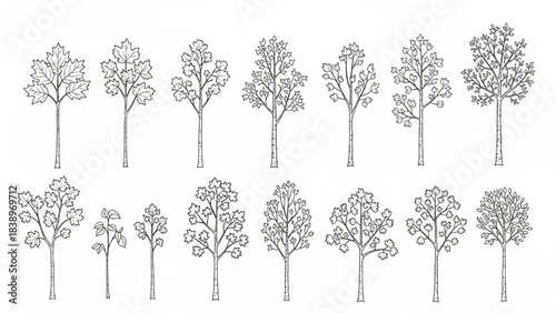 Varied linear cad tree set for digital design, representing different species in monochrome outline style