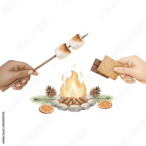 Close-up of hands making S'mores over a tiny, decorative Christmas campfire. Focus on the soft texture of the marshmallows and fire