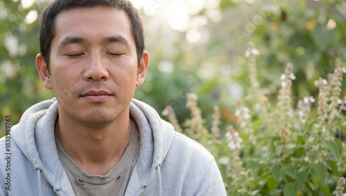 Asian man meditating with eyes closed outdoors. Mindfulness and relaxation practice in a natural garden setting. Mental health and wellness concept