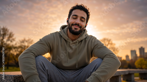 A young man with earbuds meditates in a city park at sunset. Mindful person relaxing and listening to music for mental wellness