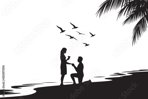 Man proposes to woman on beach with birds and palm tree