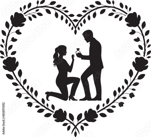 Man proposes to woman on one knee within floral heart frame