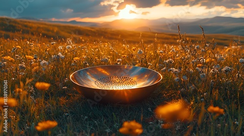 Golden bowl in meadow sunset landscape