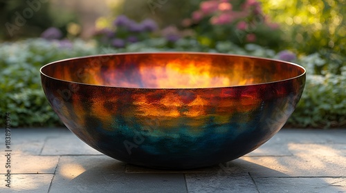 Colorful metal bowl outdoors in garden