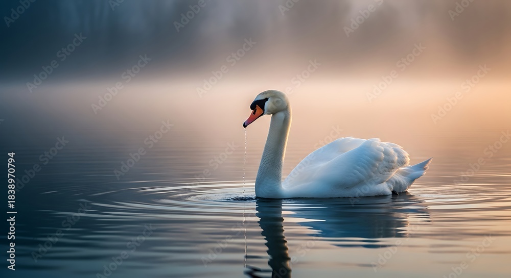 Fototapeta premium A solitary white bird floats on still water, its long neck curved gracefully. Mist blankets the background, creating a serene, peaceful scene