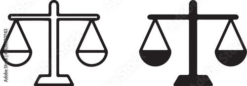 Black and white outline and filled icons of a balance scale of justice scales of justice legal on transparent background