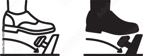 Black and white outline and filled icons of a foot pressing a car pedal accelerator brake on transparent background