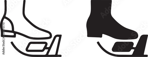 Black and white outline and filled icons of a figure skate boot on an ice skate blade ice skating on transparent background