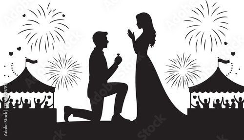 Man proposes to woman with ring fireworks and carnival tents