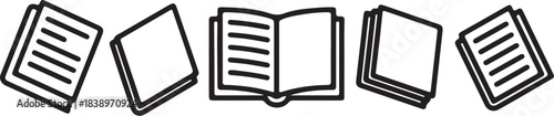 Five simple line art icons of open and closed books in various orientations Keywords: book, books, reading, education, knowledge, learning, literature, story, information, on transparent background