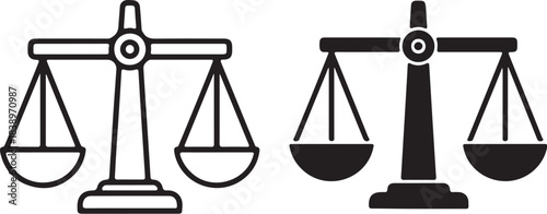 Outline and solid black icons of a balance scale with empty pans justice legal on transparent background