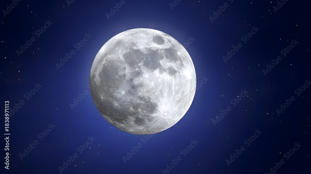 Fototapeta premium telephoto. Super moon in crisp detail against a deep blue night sky with visible lunar craters. STEM education sheets, lab safety posters, designed for STEM education and laboratory safety posters.