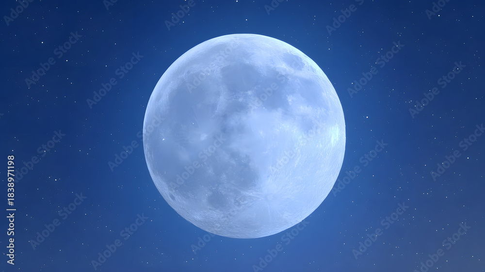 Obraz premium telephoto. Super moon in crisp detail against a deep blue night sky with visible lunar craters. STEM education sheets, lab safety posters, designed for STEM education and laboratory safety posters.