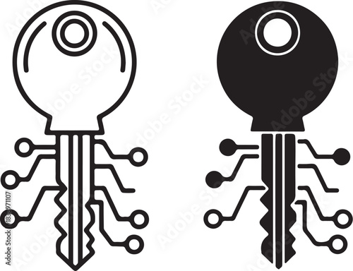 Two digital keys one outlined and one solid black on a white background technology security on transparent background