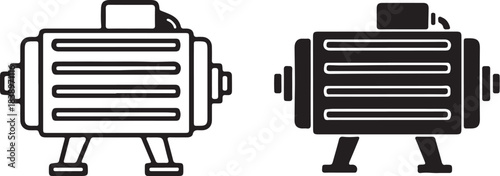 Two icons of a horizontal industrial pump machine with legs in outline and solid black fill equipment on transparent background