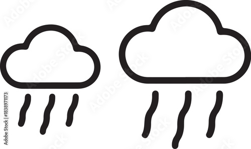 Two rain clouds with falling rain icon outline and filled silhouette on white background Keywords: rain, cloud, weather, icon, precipitation, storm, forecast, meteorology, on transparent background
