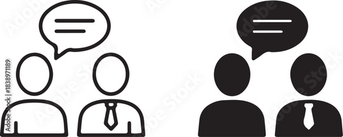Two simple icons representing people talking one outlined and one solid black with speech bubble Keywords: people, talking, conversation, communication, speech bubble, icon, on transparent background