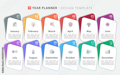 Timeline Creator infographic template. 12 months timeline journey, 1 year calendar infographics design template. presentation graph. Business concept with 12 options or steps, vector illustration.