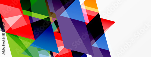 Abstract geometric shapes overlap, creating vibrant colorful composition. Bold lines, angles define modern design.