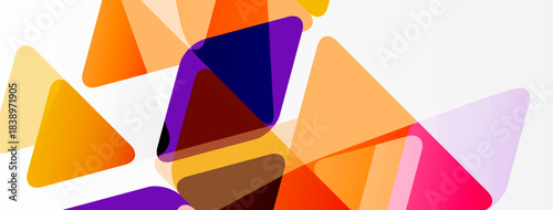 Abstract geometric shapes overlap, creating vibrant color blends. Orange, purple, pink hues dominate composition. Modern design element.