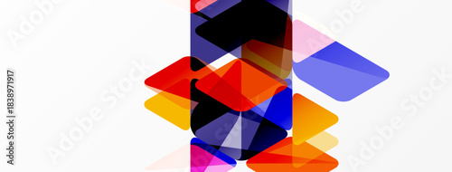 Abstract composition. Overlapping translucent squares, rectangles, vibrant colors dominate white background. Modern design, geometric shapes present.