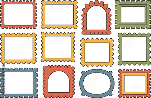 Collection of twelve colorful, decorative postage stamp style frames